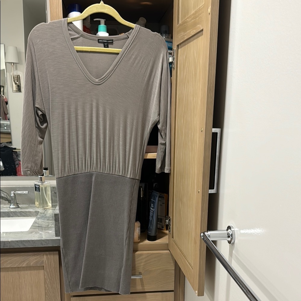 James Perse Brown Ribbed Pleated Sheath Dress